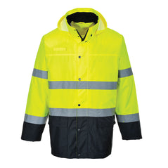 Yellow and navy two tone hi vis lite jacket with two waist bands and arm bands. Zip fasten with waist pockets, a chest pocket d ring loop and visible hood. Jacket has navy contrast on the bottom of the jacket and arms.