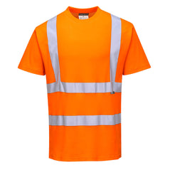 Orange cotton hi vis t-shirt. Shirt has short sleeves, two hi vis waist bands and two hi vis shoulder bands.