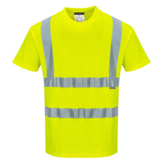 Yellow cotton hi vis t-shirt. Shirt has short sleeves, two hi vis waist bands and two hi vis shoulder bands.