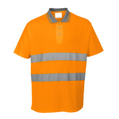 Orange cotton hi vis polo shirt. Shirt has short sleeves, grey collar, and two hi vis waist bands.