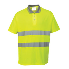 Yellow cotton hi vis polo shirt. Shirt has short sleeves, grey collar, and two hi vis waist bands.