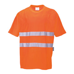 Orange cotton hi vis t-shirt. Shirt has short sleeves and two hi vis waist bands.