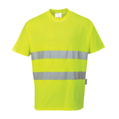 Yellow cotton hi vis t-shirt. Shirt has short sleeves and two hi vis waist bands.