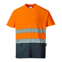Portwest Hi Vis Two tone Cotton Comfort Orange and navy T-shirt. T-shirt has navy contrast on the bottom of the shirt. Shirt has hi vis bands across the waist.