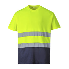 Portwest Hi Vis Two tone Cotton Comfort Yellow and navy T-shirt. T-shirt has navy contrast on the bottom of the shirt. Shirt has hi vis bands across the waist.