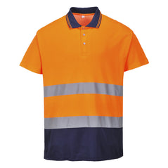 Portwest Hi Vis Two tone Cotton Comfort Orange and navy Polo shirt. Polo shirt has navy contrast on the collar and bottom of the shirt. Shirt has hi vis bands across the waist.