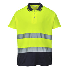Portwest Hi Vis Yellow and navy Cotton Comfort Polo shirt. Polo shirt has navy contrast on the collar and bottom of the shirt. Shirt has hi vis bands across the waist.