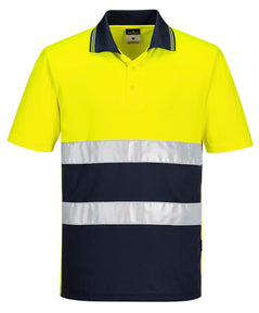 Portwest Hi-Vis Lightweight Contrast Polo Shirt with short sleeves in yellow with navy collar and bottom of body. Reflective strips across body and 3 button plackett.