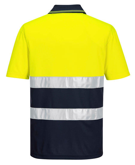 Back of Portwest Hi-Vis Lightweight Contrast Polo Shirt with short sleeves in yellow with navy collar and bottom of body. Reflective strips across body.