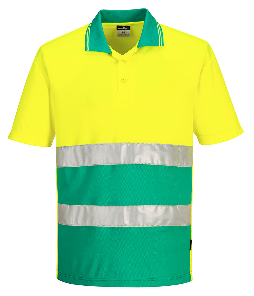 Portwest Hi-Vis Lightweight Contrast Polo Shirt with short sleeves in yellow with teal collar and bottom of body. Reflective strips across body and 3 button plackett.