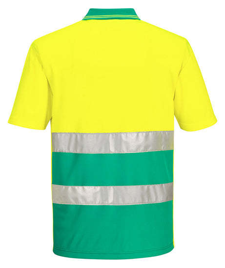 Back of Portwest Hi-Vis Lightweight Contrast Polo Shirt with short sleeves in yellow with teal collar and bottom of body. Reflective strips across body.
