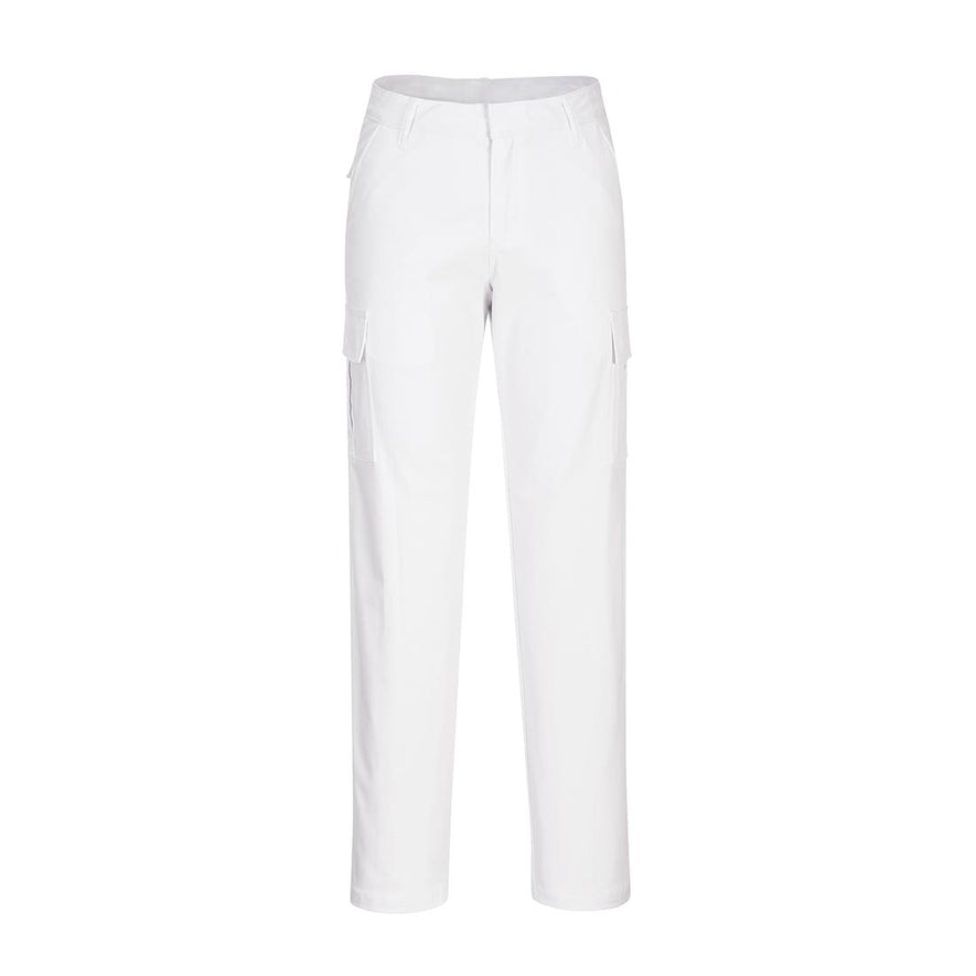 White Women's Stretch Cargo Trouser with relfective trim on hem