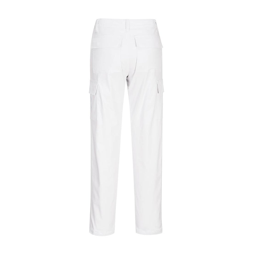 White Women's Stretch Cargo Trouser with relfective trim on hem
