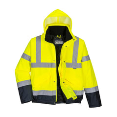 Yellow Hi-Vis Two Tone Bomber Jacket with hood and navy trim on bottom with reflective strips