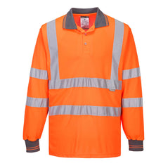 Orange Hi vis long sleeve polo shirt with grey contrast on the collar and end of sleeves. Two hi vis bands on the waist and arms as well as on the shoulders. 
