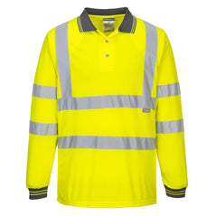 Yellow Hi vis long sleeve polo shirt with grey contrast on the collar and end of sleeves. Two hi vis bands on the waist and arms as well as on the shoulders. 