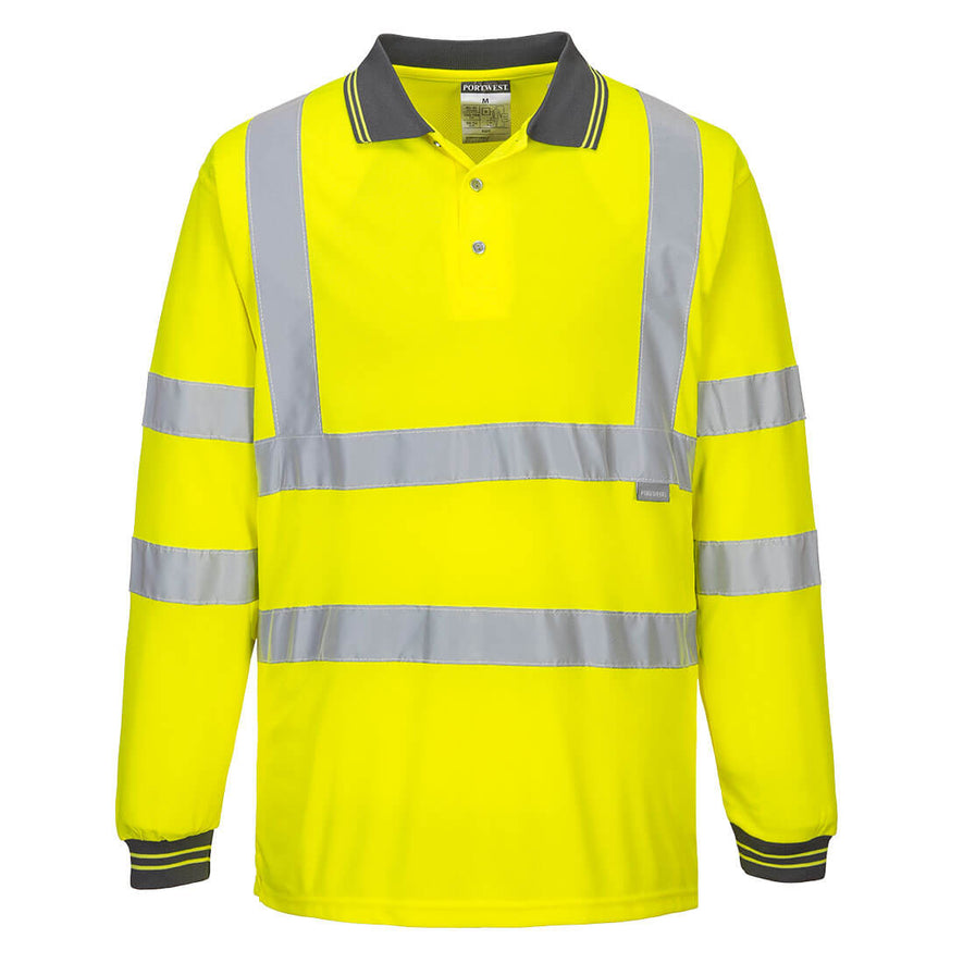 Yellow Hi vis long sleeve polo shirt with grey contrast on the collar and end of sleeves. Two hi vis bands on the waist and arms as well as on the shoulders.