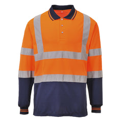Portwest Hi Vis Two tone Orange and navy long sleeve Polo Shirt. Polo has navy contrast on the bottom of the shirt, Collar and arms. Shirt has hi vis bands across the waist and shoulders.