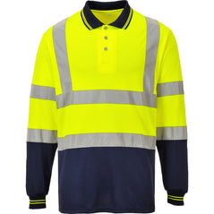 Portwest Hi Vis Two tone Yellow and navy long sleeve Polo Shirt. Polo has navy contrast on the bottom of the shirt, Collar and arms. Shirt has hi vis bands across the waist and shoulders.