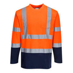 Portwest Hi Vis Two Cotton Comfort Orange and navy long sleeve T-shirt. T-shirt has navy contrast on the bottom of the shirt and arms. Shirt has hi vis bands across the waist and shoulders.