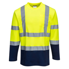 Portwest Hi Vis Two tone Cotton Comfort Yellow and navy long sleeve T-shirt. T-shirt has navy contrast on the bottom of the shirt and arms. Shirt has hi vis bands across the waist and shoulders.