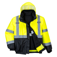 Yellow and black hi vis premium 3 in 1 bomber jacket. Jacket has a visible hood and black contrast at the bottom of the jacket and sleeves. Hi vis strips on the arms body and shoulders with visible hood.