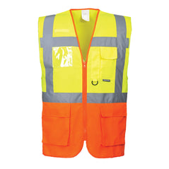 Orange and Yellow Hi vis executive vest with two tone accents of orange at the bottom of the vest. Two waist bands and shoulder bands. Zip fasten, Front pockets, D loop and Id badge holder.