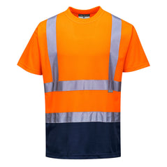 Portwest Hi Vis Two tone Orange and navy T-shirt. T-shirt has navy contrast on the bottom of the shirt. Shirt has hi vis bands across the waist and shoulders.