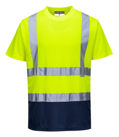 Portwest Hi Vis Two tone Yellow and navy T-shirt. T-shirt has navy contrast on the bottom of the shirt. Shirt has hi vis bands across the waist and shoulders.