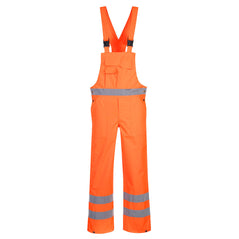 Orange hi vis Bib and brace with hi vis reflective strips on the ankles and waist and orange shoulder straps.