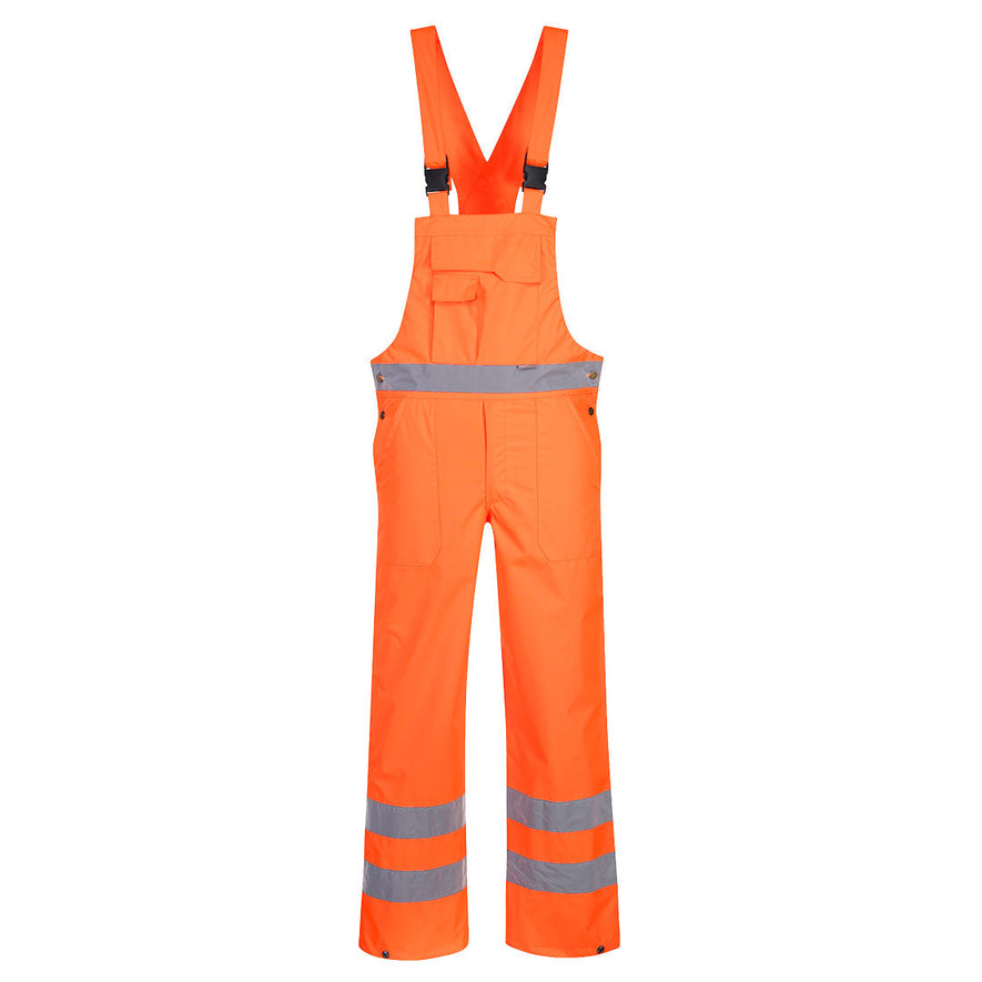 Orange hi vis Bib and brace with hi vis reflective strips on the ankles and waist and orange shoulder straps.