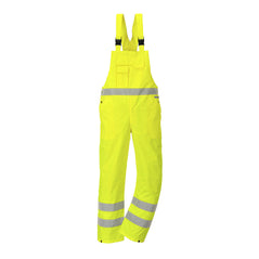Yellow hi vis Bib and brace with hi vis reflective strips on the ankles and waist and orange shoulder straps.
