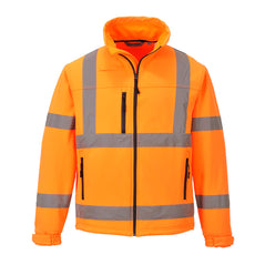 Orange Hi vis softshell jacket with two waist bands and shoulder bands. Zip fasten with an extra chest zip pocket and waist pockets.