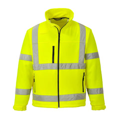 Yellow Hi vis softshell jacket with two waist bands and shoulder bands. Zip fasten with an extra chest zip pocket and waist pockets.