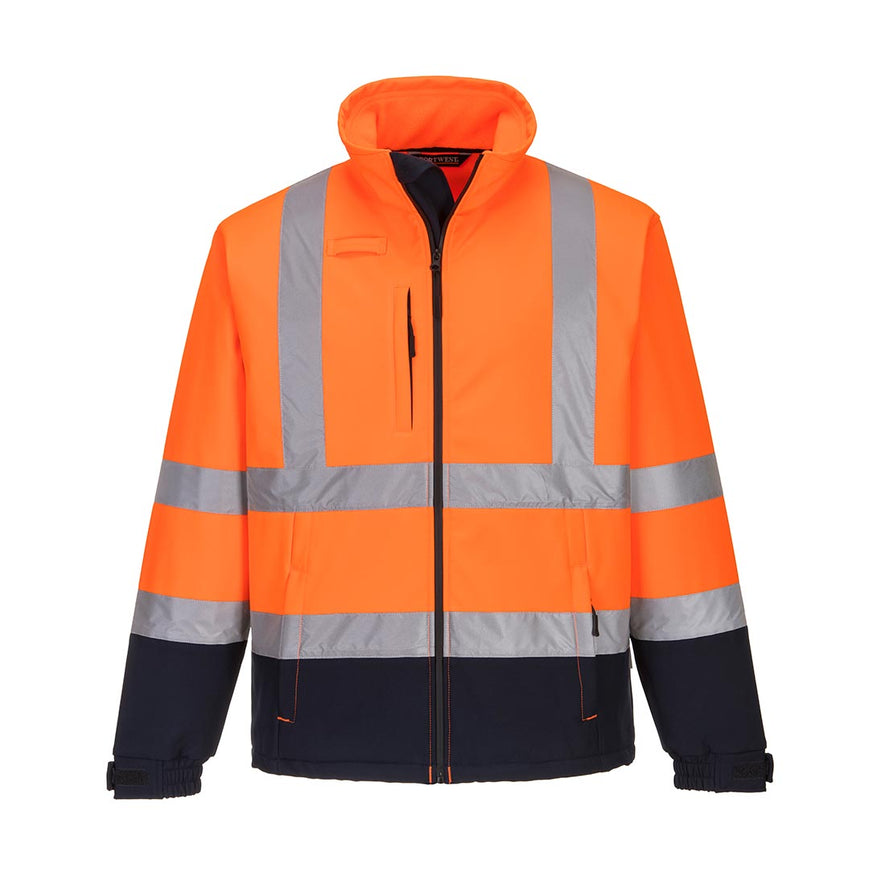 Orange and navy contrast Hi vis softshell jacket with two waist bands and shoulder bands. Zip fasten with an extra chest zip pocket and waist pockets. Navy contrast on the bottom of the sleeves and the jacket.