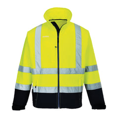 Yellow and navy contrast Hi vis softshell jacket with two waist bands and shoulder bands. Zip fasten with an extra chest zip pocket and waist pockets. Navy contrast on the bottom of the sleeves and the jacket.