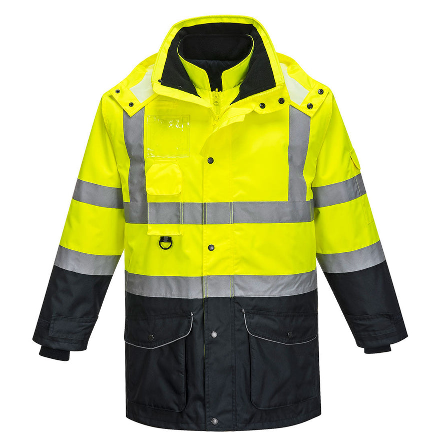 Yellow Hi vis seven in one contrast traffic jacket with two waist bands and shoulder bands. Zip and Pop button fasten with waist pockets chest pocket, ID badge holder, D loop and visible hood. Jacket has navy contrast on the bottom of the jacket and arms.