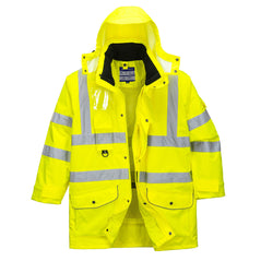 Yellow Hi vis seven in one traffic jacket with two waist bands and shoulder bands. Zip and Pop button fasten with waist pockets chest pocket, ID badge holder, D loop and visible hood. 