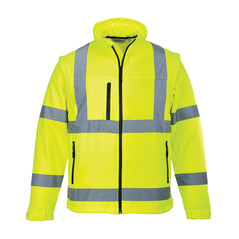Yellow Hi vis softshell jacket with two waist bands and shoulder bands. Zip fasten with an extra chest zip pocket and waist pockets.