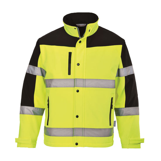 Yellow Portwest two tone softshell jacket. Jacket has black contrast on the shoulders and arms. Jacket has pockers on the sides and on the right chest. All pockets are zip fasten. Jacket has hi vis bands on the waist and arms.