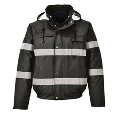Black Hi vis bomber jacket with two waist bands and shoulder bands. Pop button fasten with chest and waist pockets.