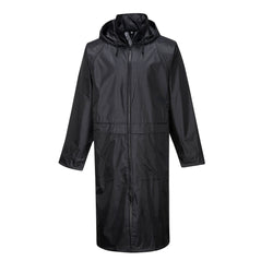 Black Classic rain coat with zip fasten and visible hood.