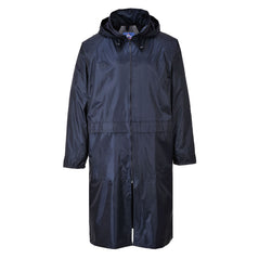 Navy Classic rain coat with zip fasten and visible hood.