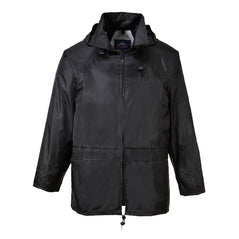 Black classic rain jacket with zip fasten and visible hood.