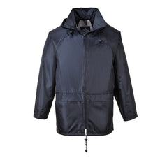 Navy classic rain jacket with zip fasten and visible hood.