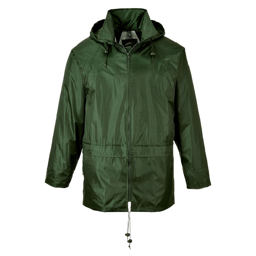 Olive classic rain jacket with zip fasten and visible hood.