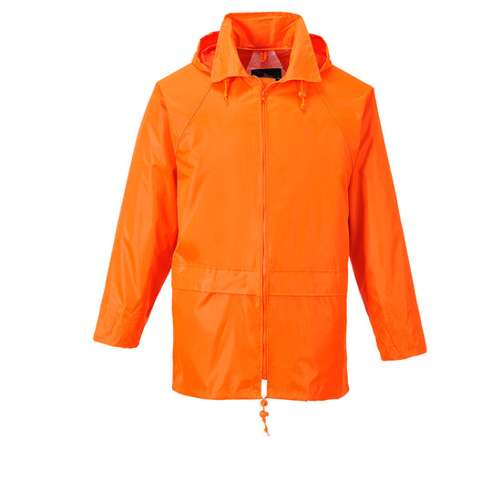 Orange classic rain jacket with zip fasten and visible hood.