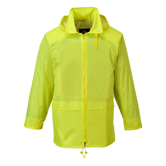 Yellow classic rain jacket with zip fasten and visible hood.