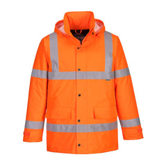 Orange Hi-Vis Traffic Jacket with buttons and large pockets with reflective strips