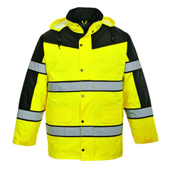 Yellow Hi vis jacket with two waist bands and arm bands. Pop button and zip fasten with waist pockets and chest pocket and visible hood. Black contrast on the shoulders and arms.